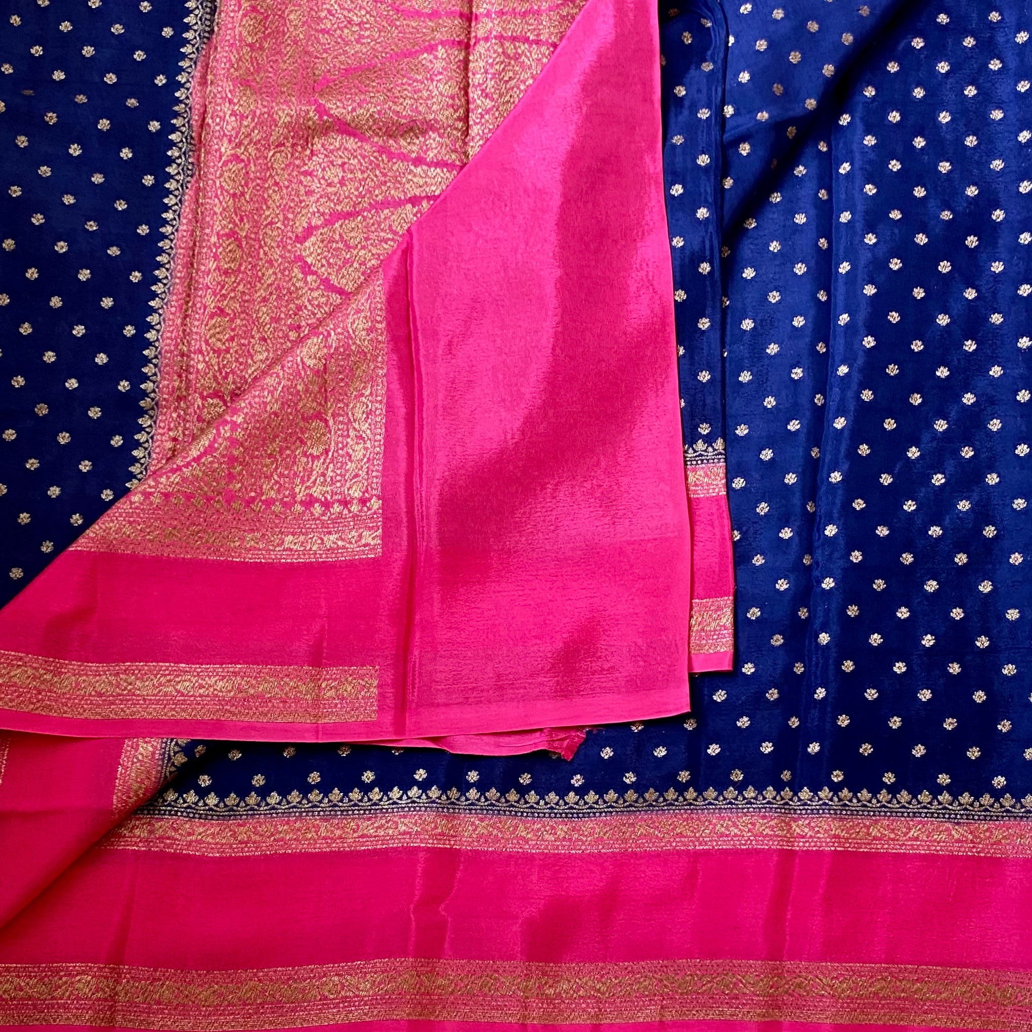 Royal Blue Fuchsia Pink Woven Saree Gold Zari Buti Border