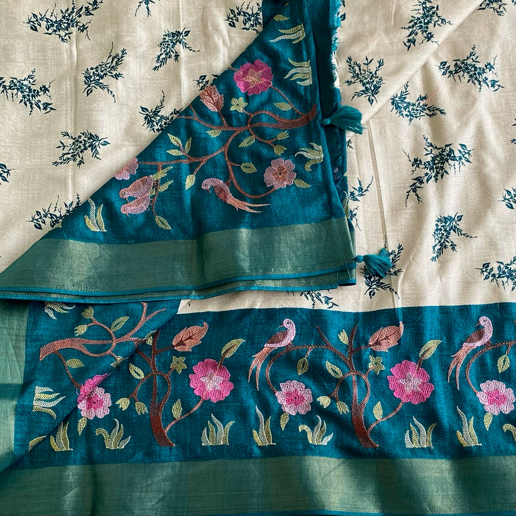 Ivory Soft Tussar Silk Saree With Teal Blue Pallu And Gold Border