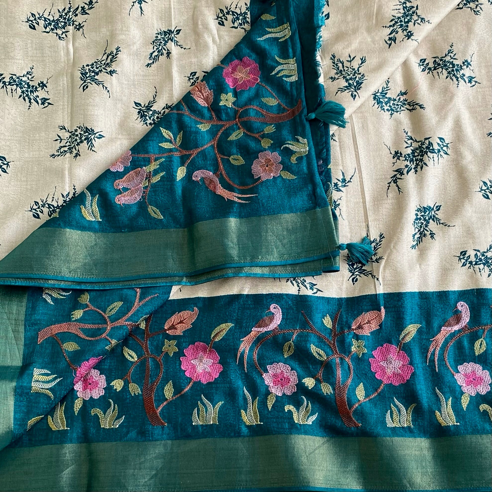 Ivory Soft Tussar Silk Saree With Teal Blue Pallu And Gold Border