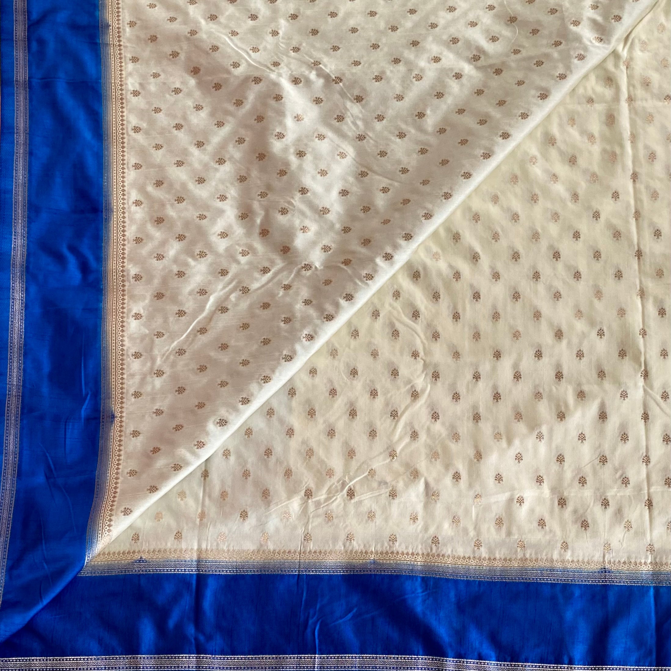 Ivory Blue Silk Saree with Gold Brocade Pallu Tassel Border