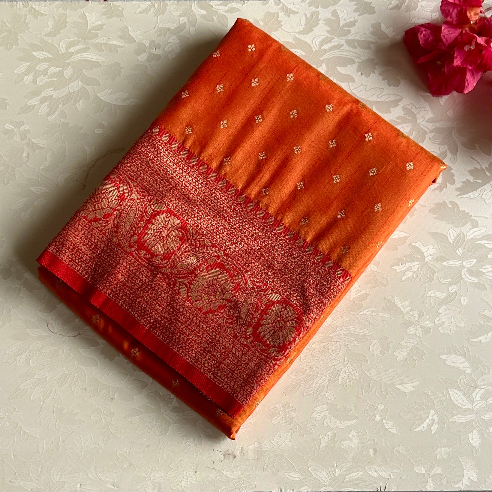 Tangerine Silk Saree Crimson Pallu Gold Zari Floral Border Tassel