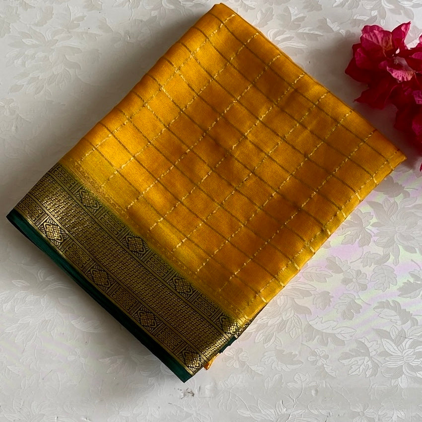 Mustard Yellow Bottle Green Mysore Crepe Silk Saree With Zari Border