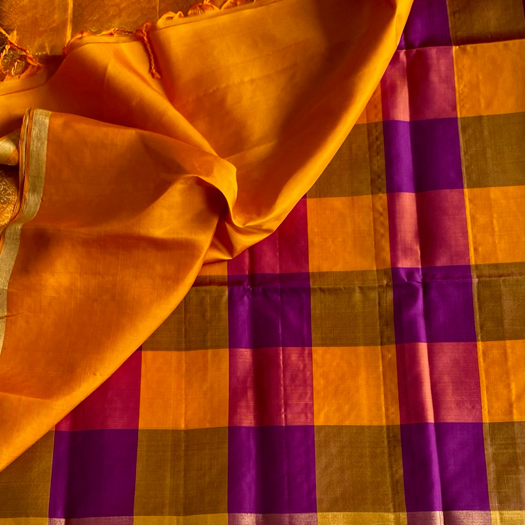 Checkered Shades Of Orange & Purple Designer Pure Silk
