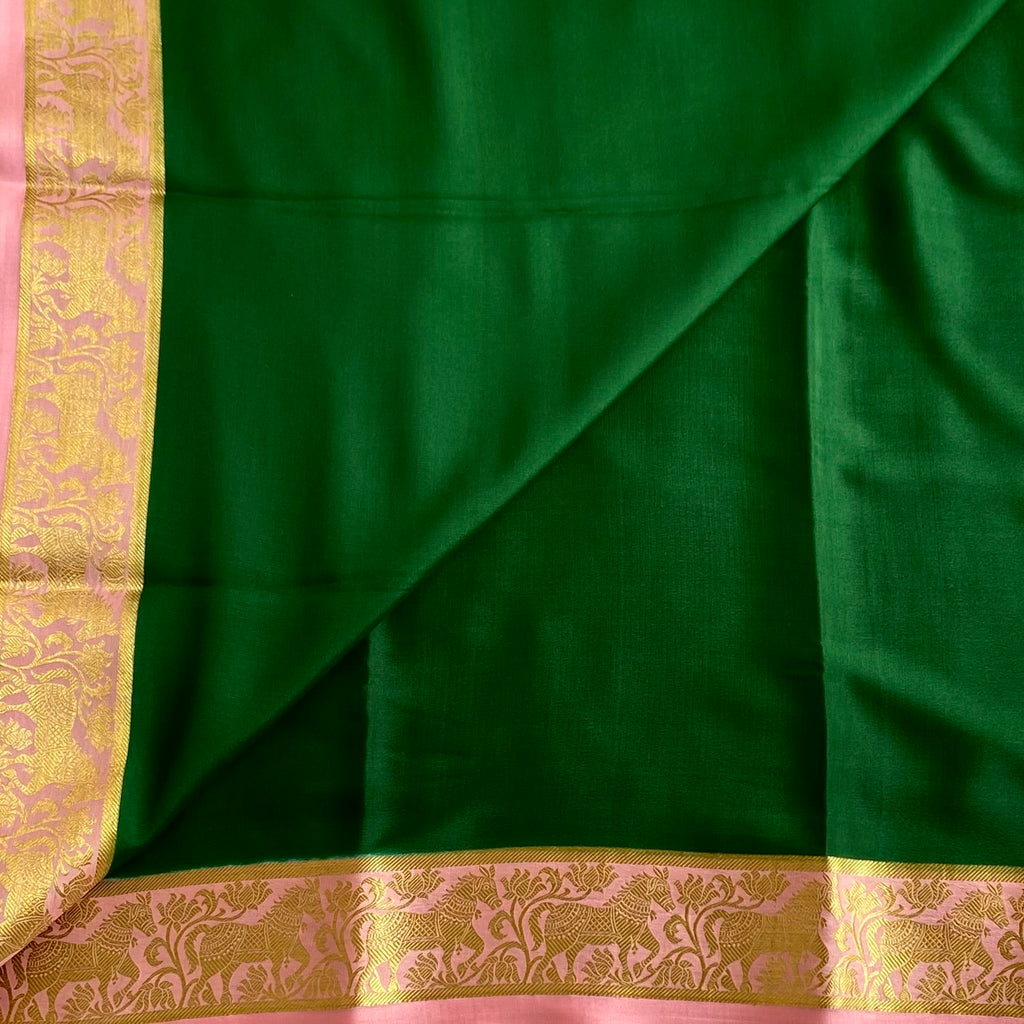 Emerald Green Mysore Crepe Silk Saree With Pastel Pink Pallu Gold Border