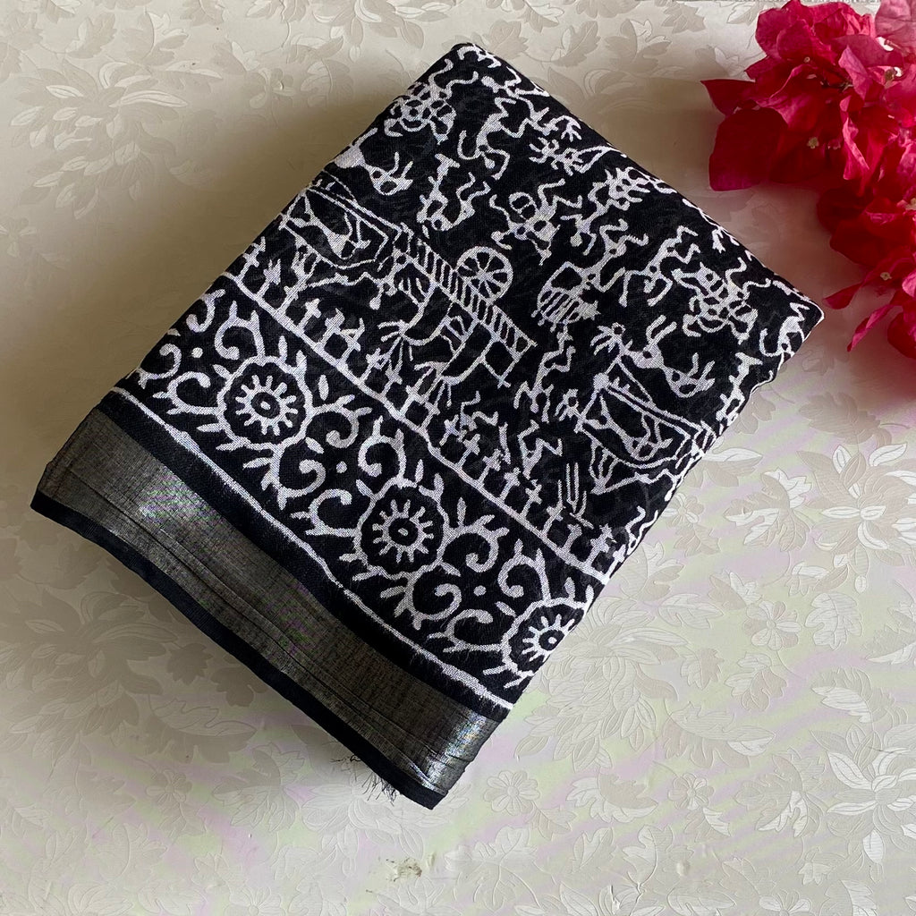 Jet Black Soft Block Printed Linen With Bright White Warli Print
