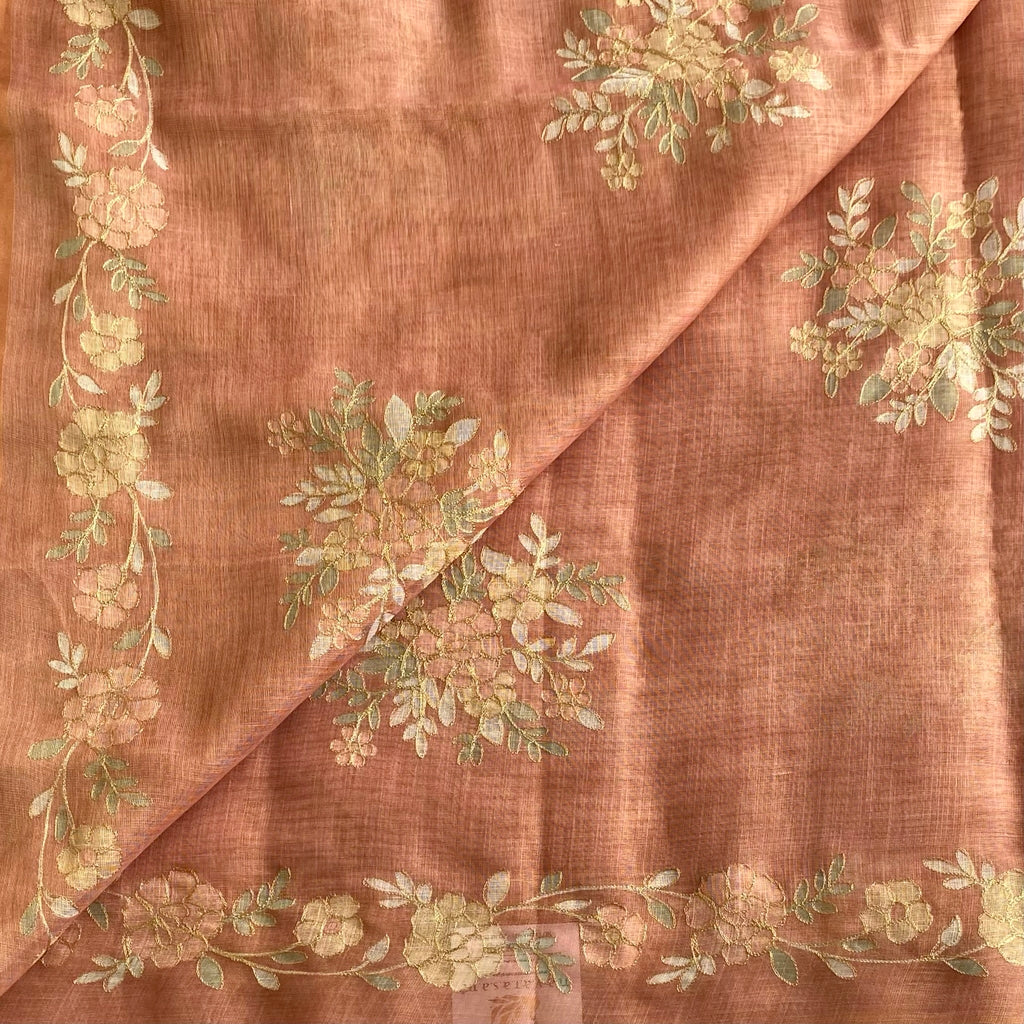 Terracotta Peach Designer  Linen Tussar Saree With Gold Floral Embroidery And Tassels