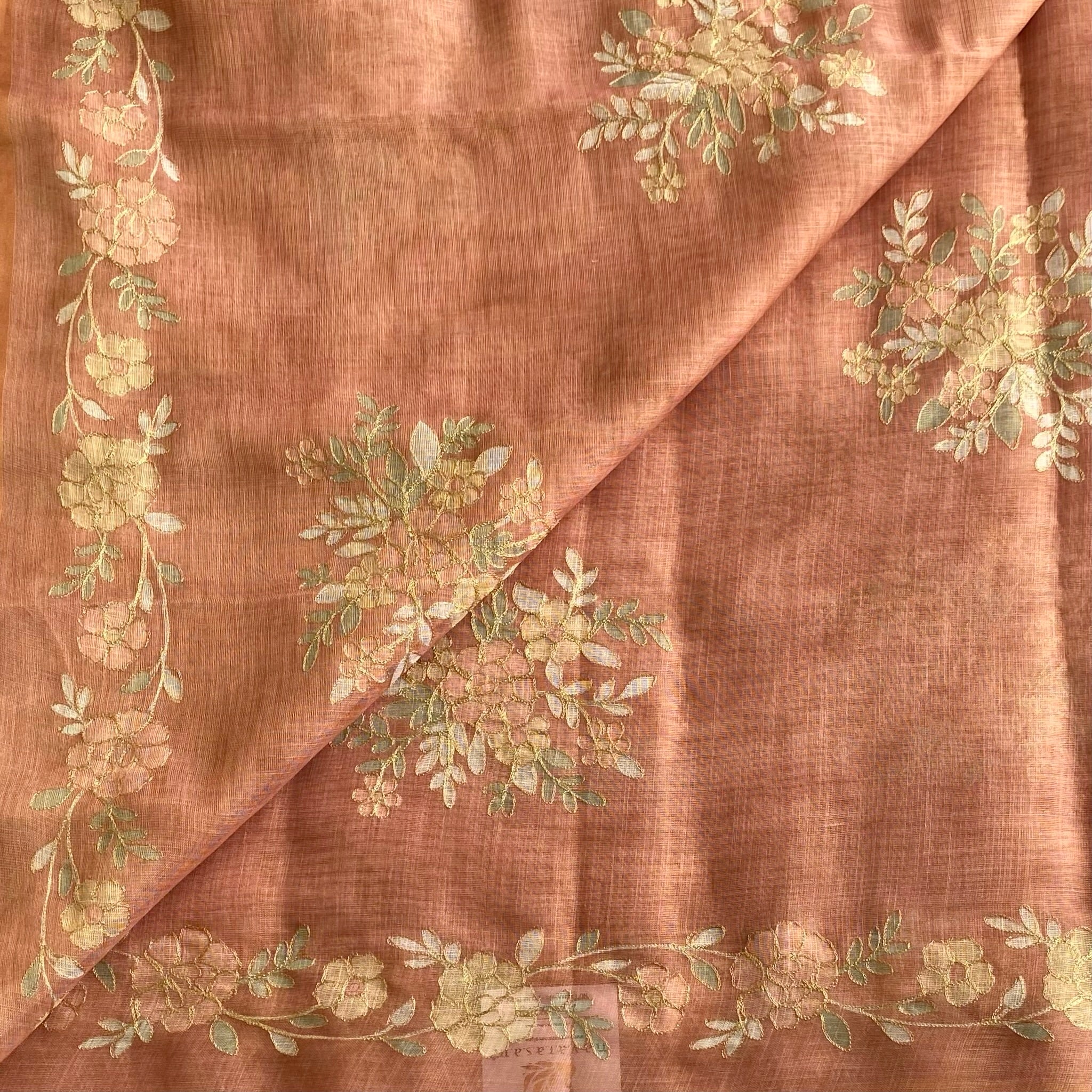 Terracotta Peach Designer  Linen Tussar Saree With Gold Floral Embroidery And Tassels