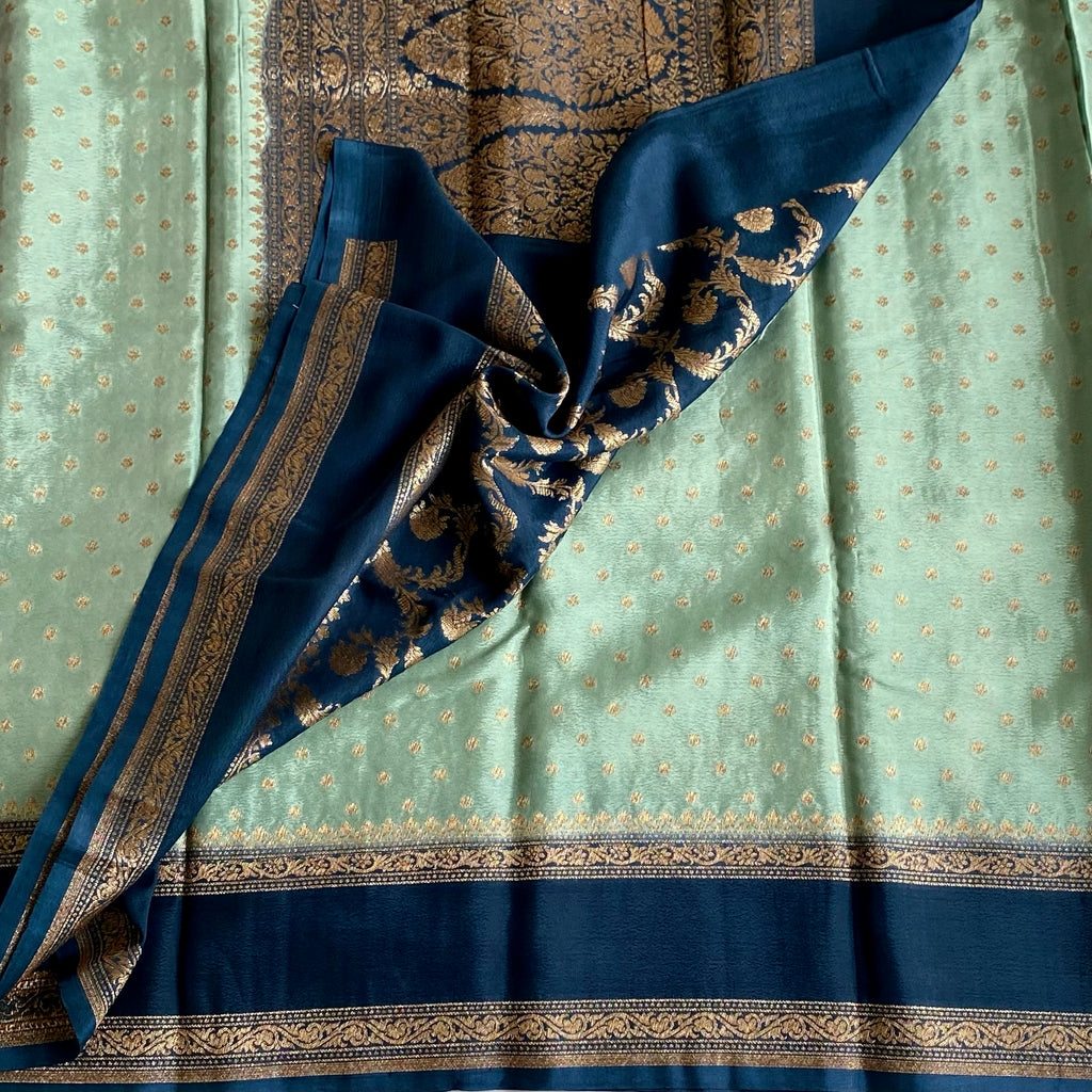 Mint Green Banarasi Crepe Silk Saree With Peacock Blue Pallu
