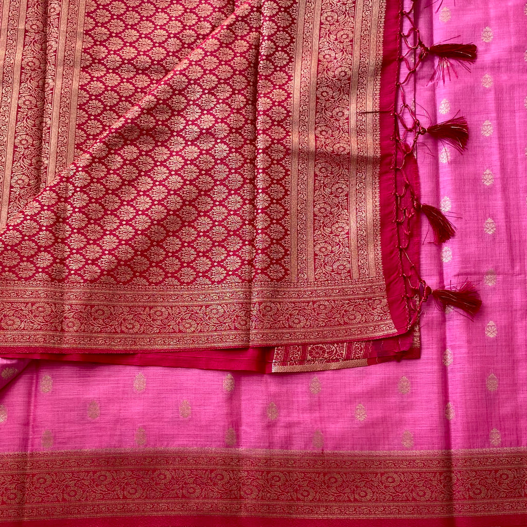 Fuchsia Pink Saree Gold Zari Floral Jaal Pallu Tassel Border