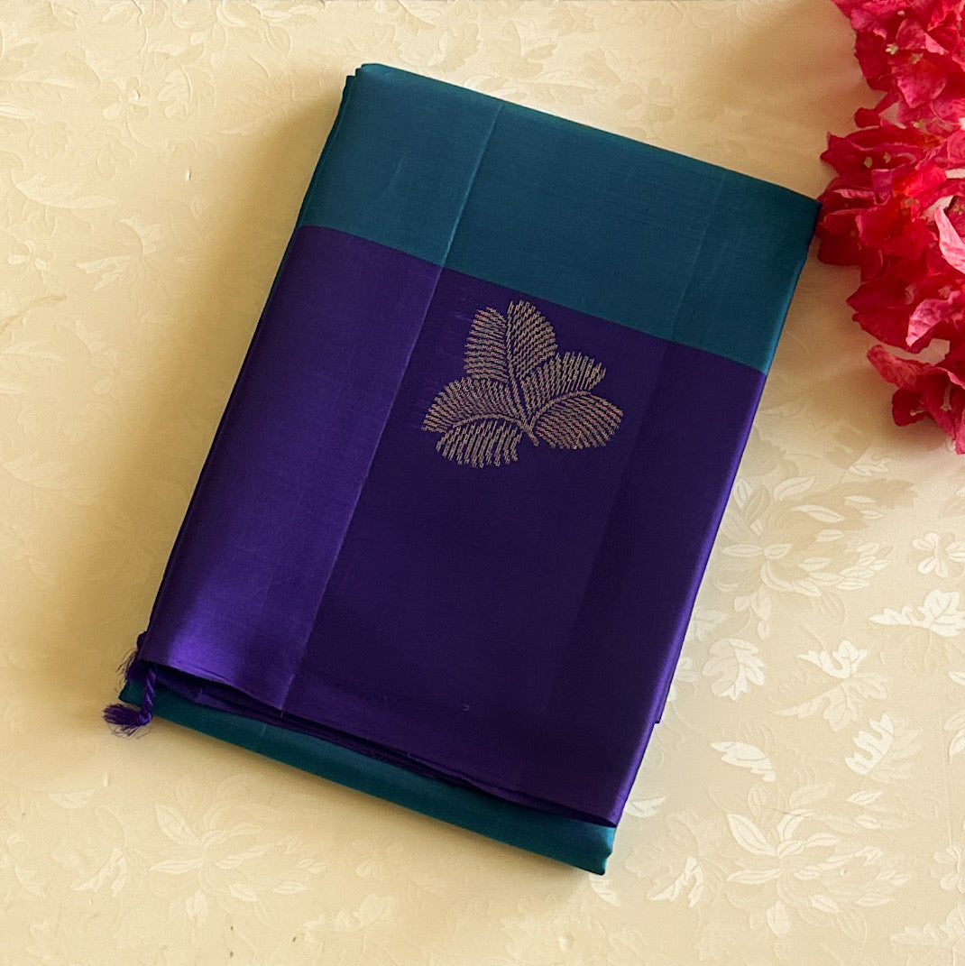 Royal Purple Teal Pallu Silk Saree With Gold Zari Border