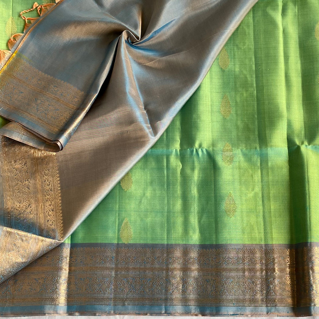 Lime Green Designer Pure Silk Saree With Slate Grey Pallu