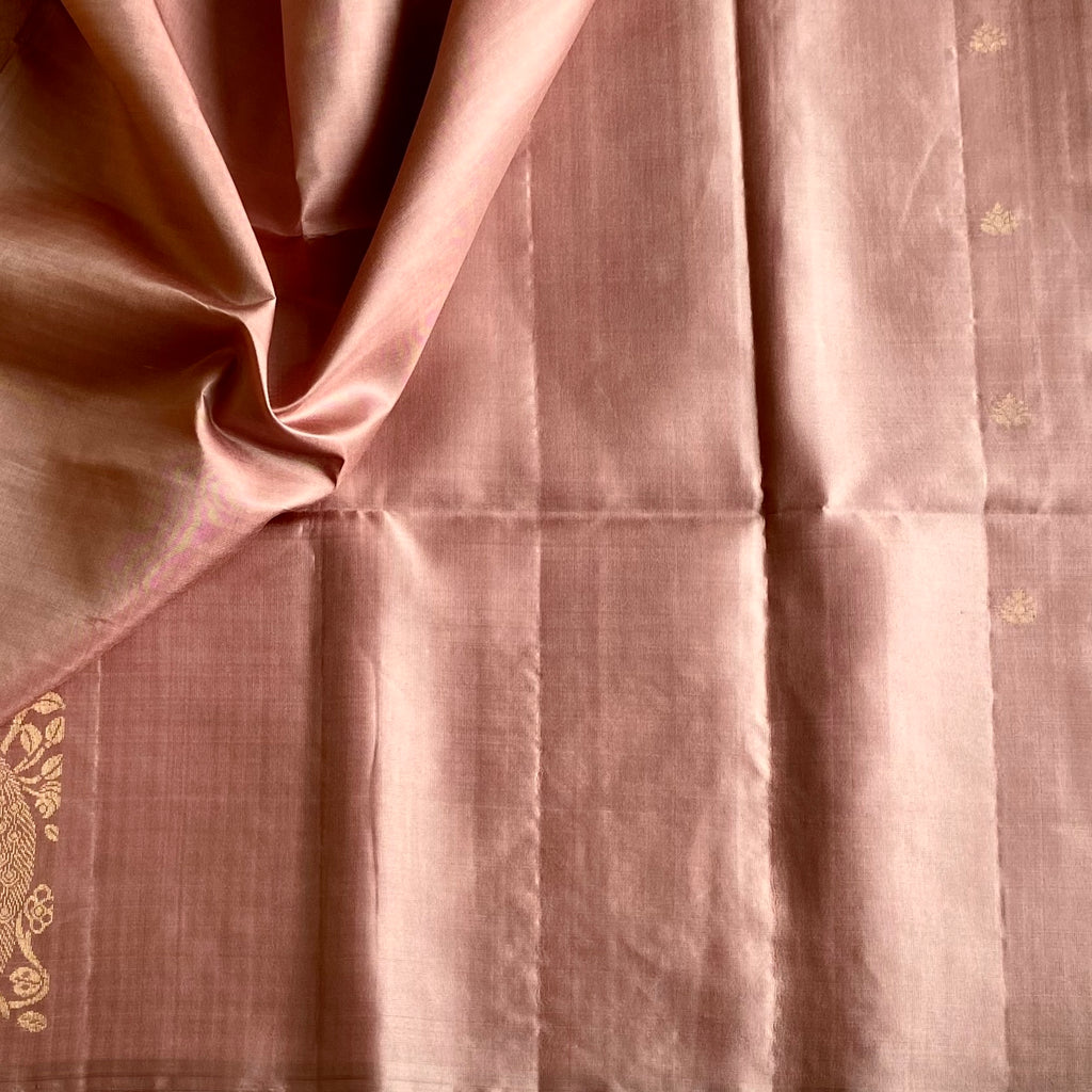 Dusty Rose Designer Pure Silk Saree With Antique Gold Woven Border