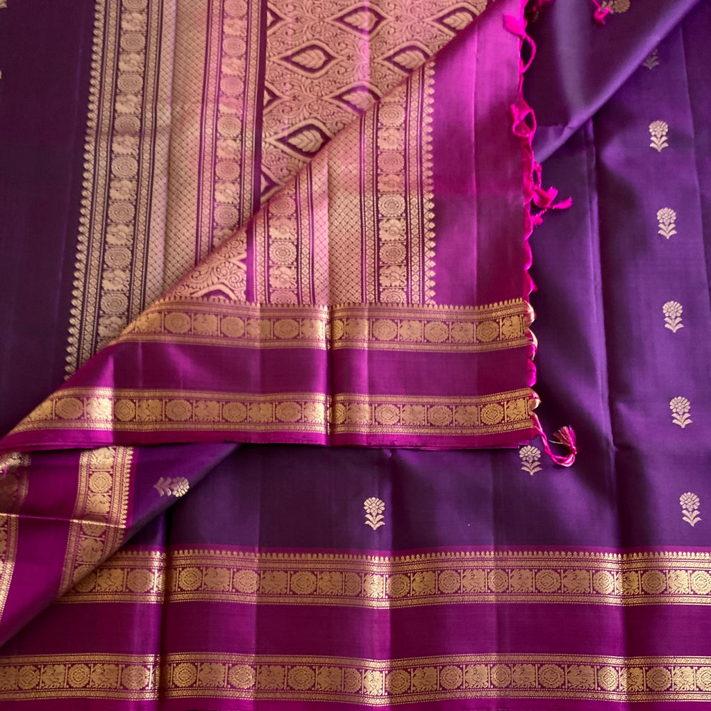 Deep Purple Designer Pure Silk Saree With Stunner Magenta Pallu