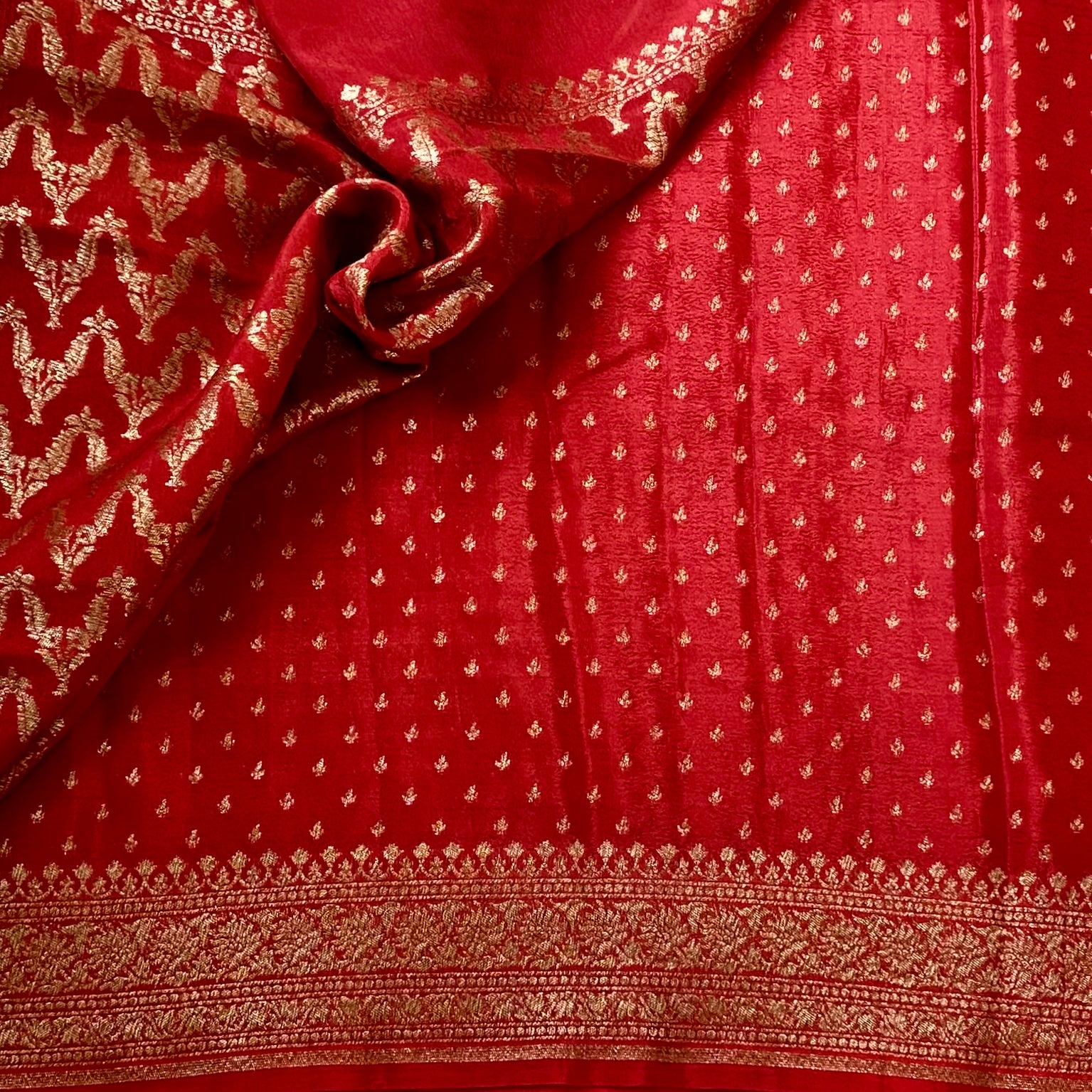 Elegant Ruby Red Saree Gold Brocade Wide Border Floral Pallu