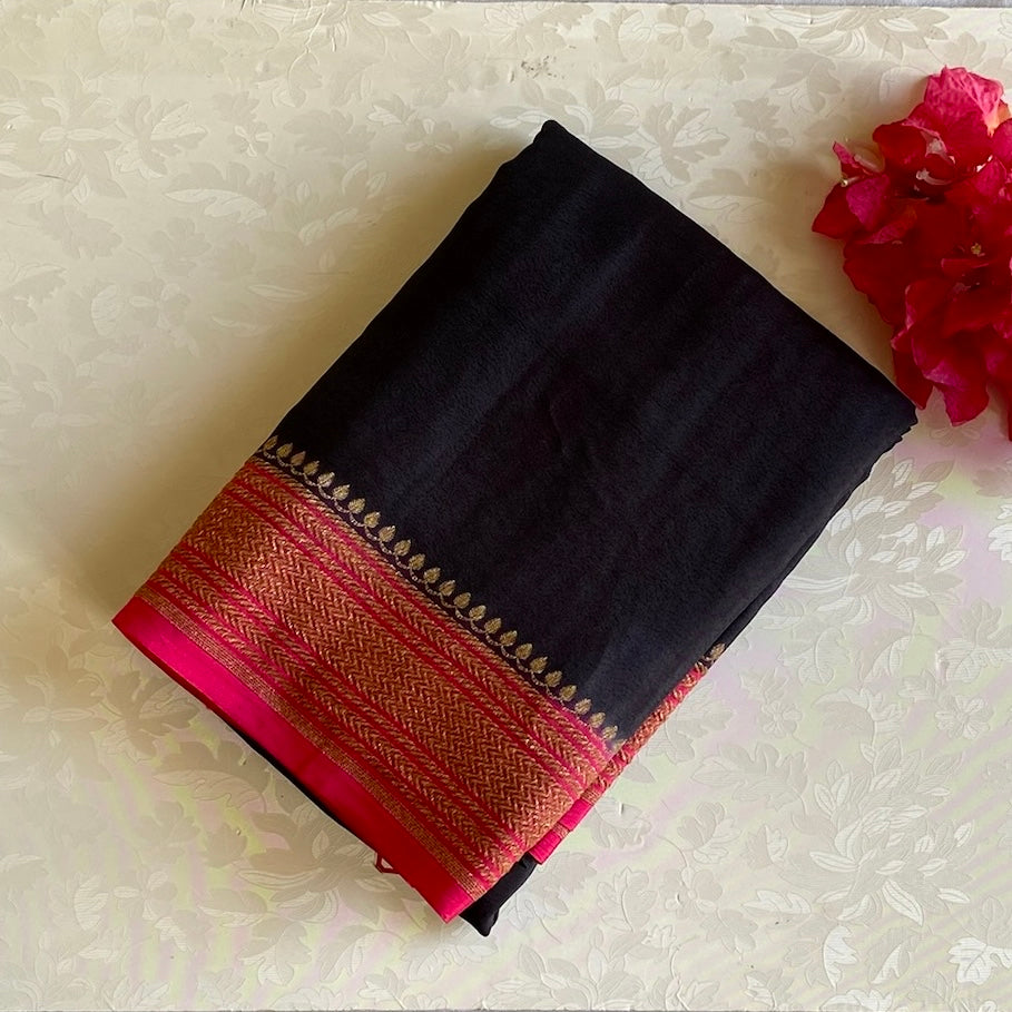 Jet Black Banarasi Crepe Silk Saree With Rani Pink Pallu