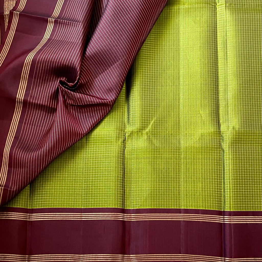 Chartreuse Green Silk Saree with Burgundy Gold Brocade Pallu