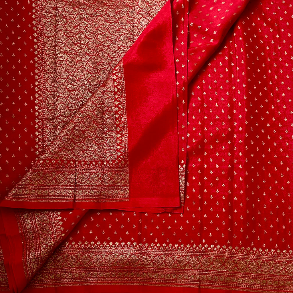Scarlet Saree with Gold Zari Brocade Pallu and Ornate Border