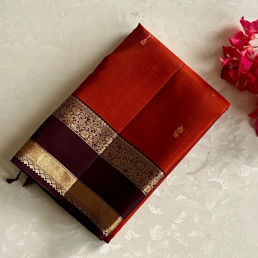 Rust Red Designer Pure Silk Saree With Deep Purple Pallu