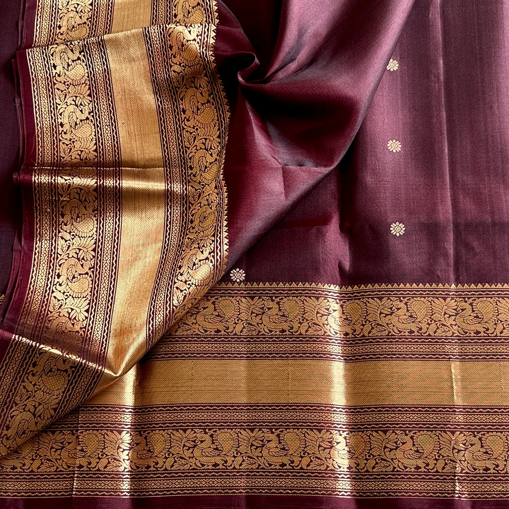 Wine Coffee Designer Pure Silk Saree Metallic Gold Zari Border Butta