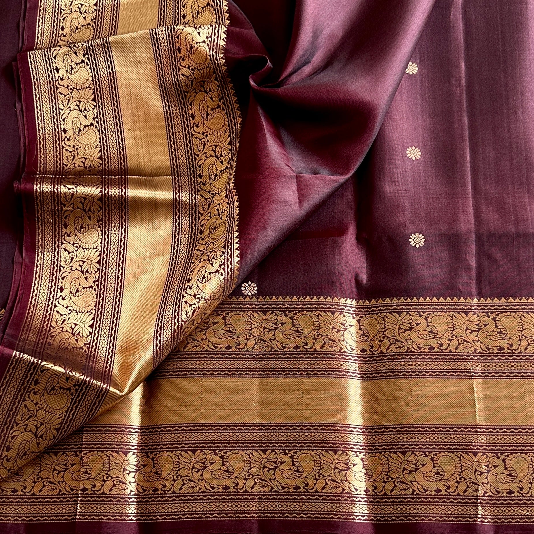 Wine Coffee Designer Pure Silk Saree Metallic Gold Zari Border Butta