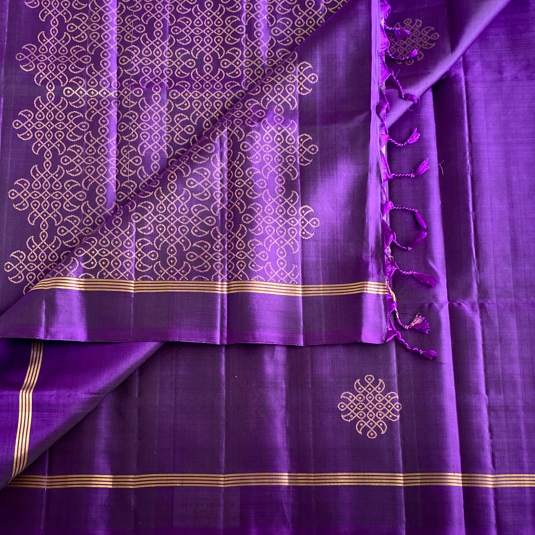 Royal Purple Designer Pure Silk Saree With Metallic Gold Buttas