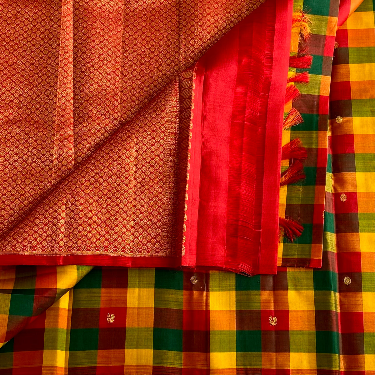 Multi Checkered Kanjeevaram Pure Zari Silk Saree With Crimson Red Contrast