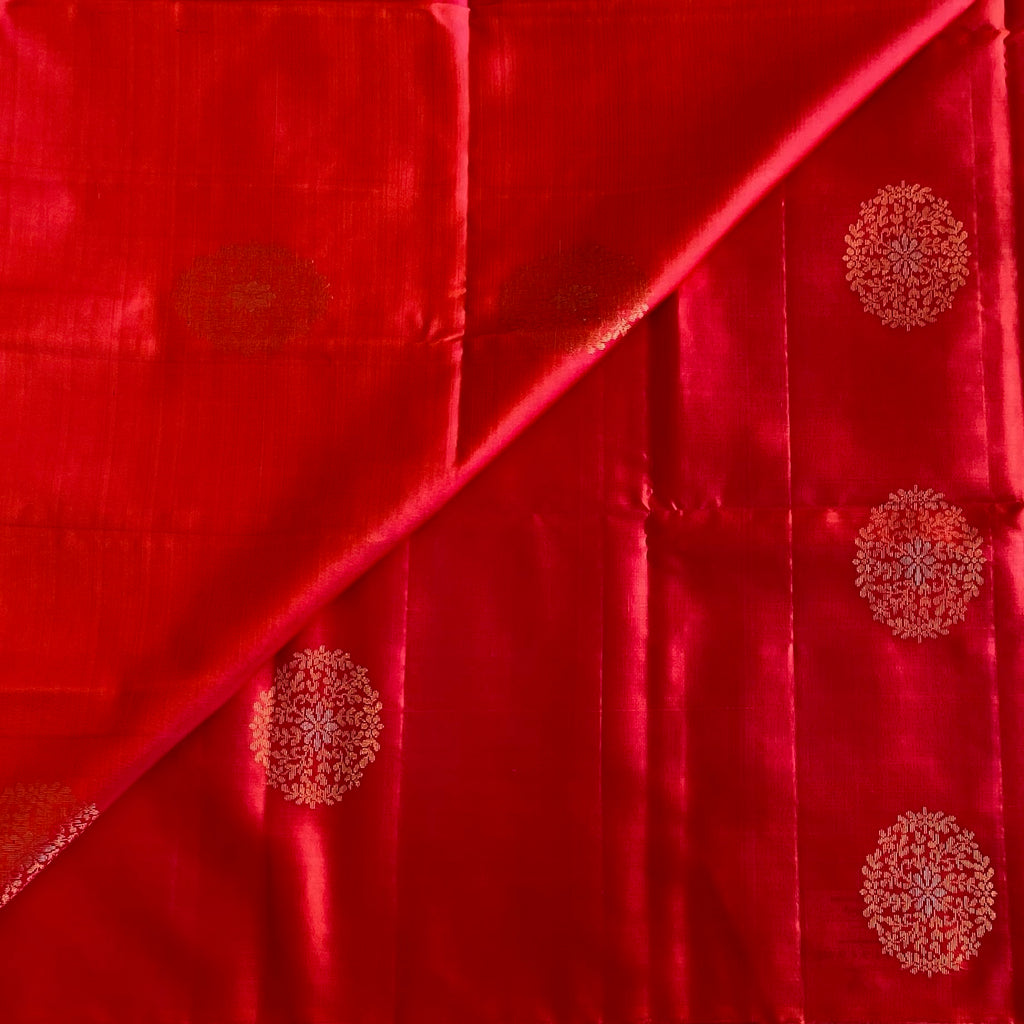 Ruby Red Designer Pure Silk Saree With Zari Woven Buttas