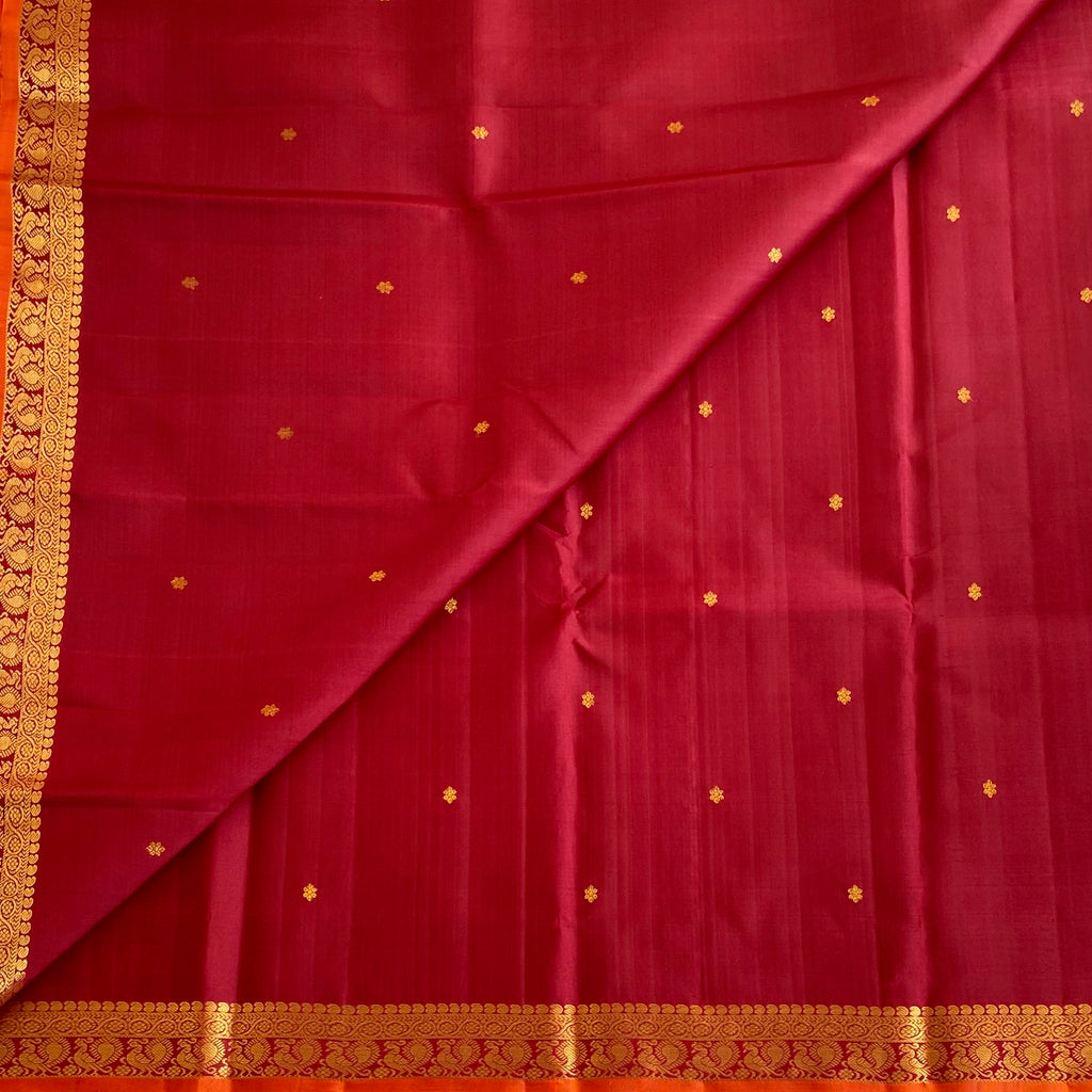 Deep Maroon Red Kanjeevaram Pure Zari Silk Saree With Antique Gold Zari