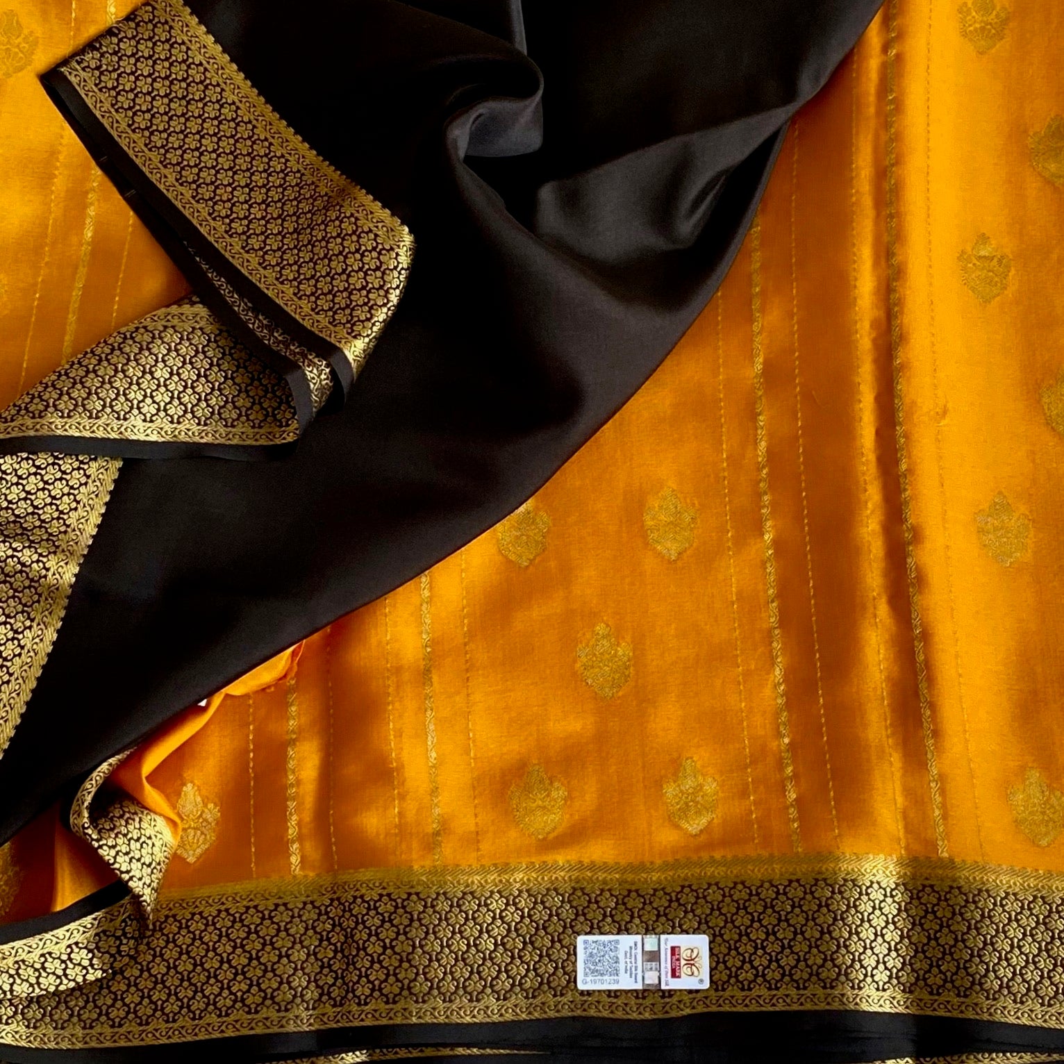 Mustard Yellow Mysore Crepe Silk Saree With Jet Black Pallu