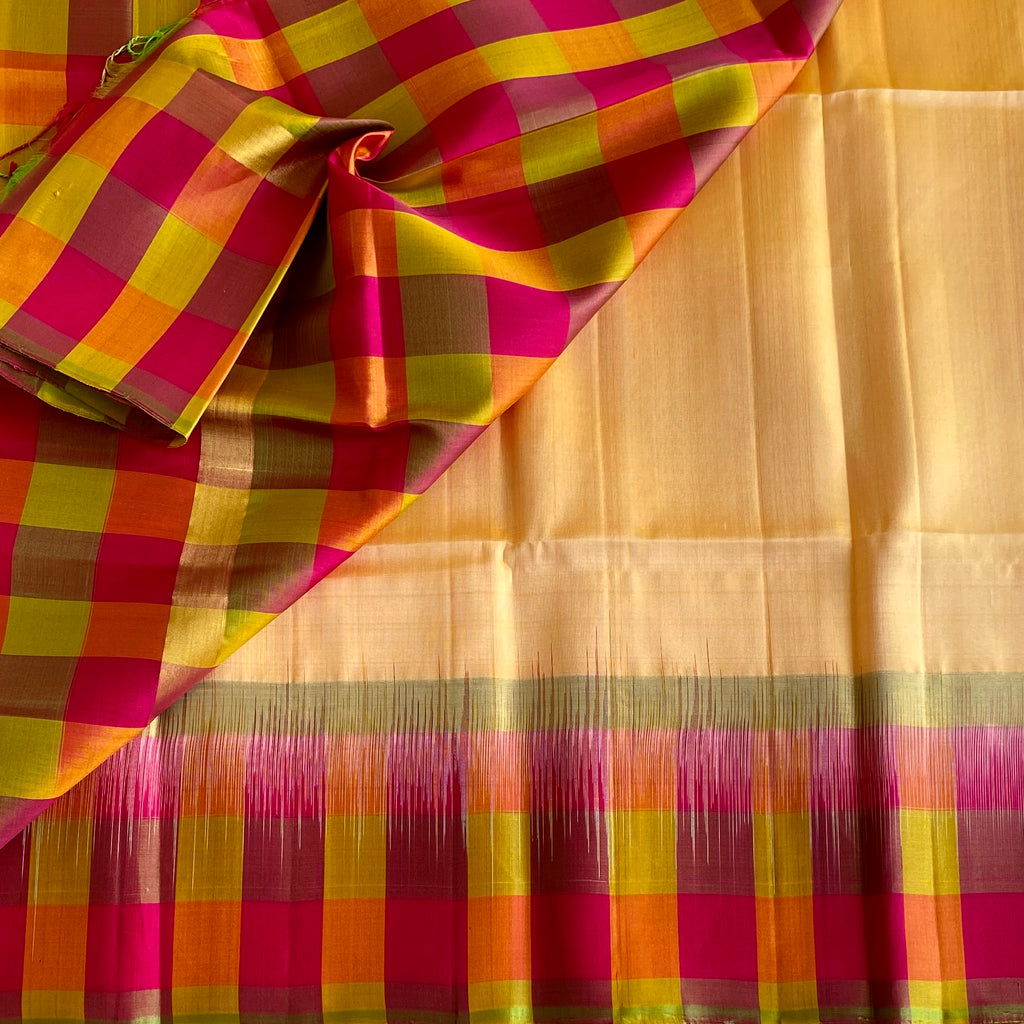 Light Gold Designer Pure Silk With Multi Colour Checkered Borders