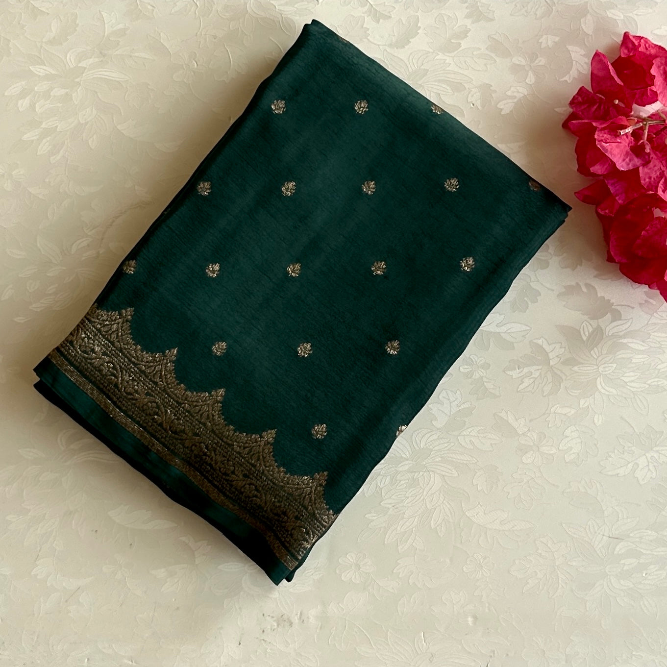 Deep Teal Silk Saree with Gold Brocade Pallu and Scalloped Border