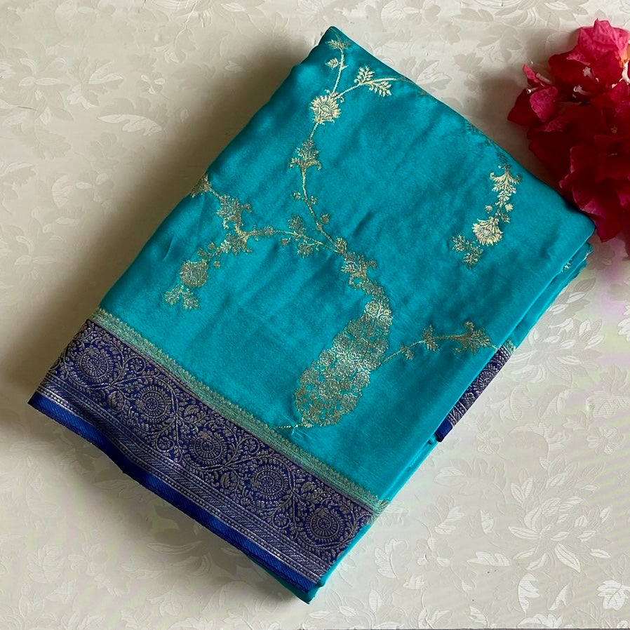 Turquoise Soft Crepe Silk Saree With Royal Blue Pallu And Zari