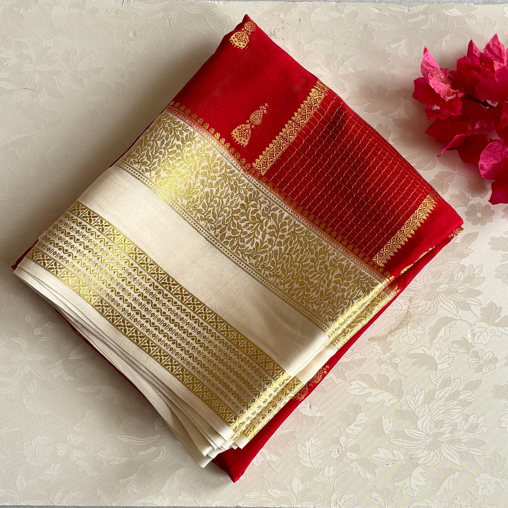 Crimson Red Mysore Crepe Silk With Ivory Double Borders & Pallu