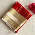 Crimson Red Mysore Crepe Silk With Ivory Double Borders & Pallu