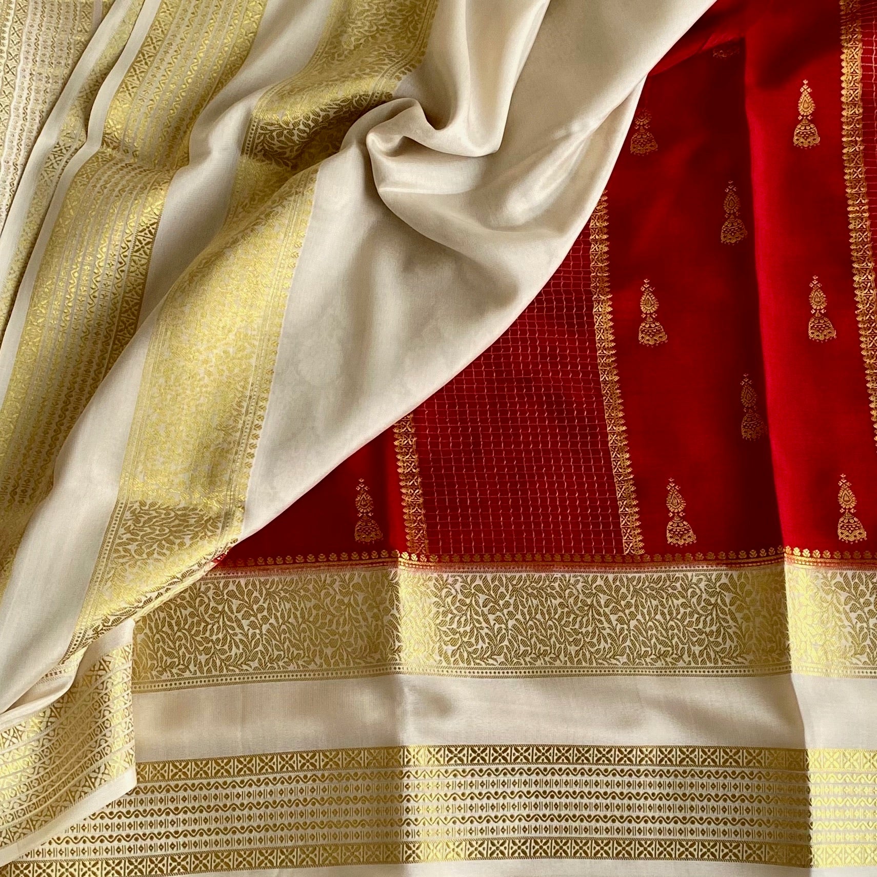 Crimson Red Mysore Crepe Silk With Ivory Double Borders & Pallu