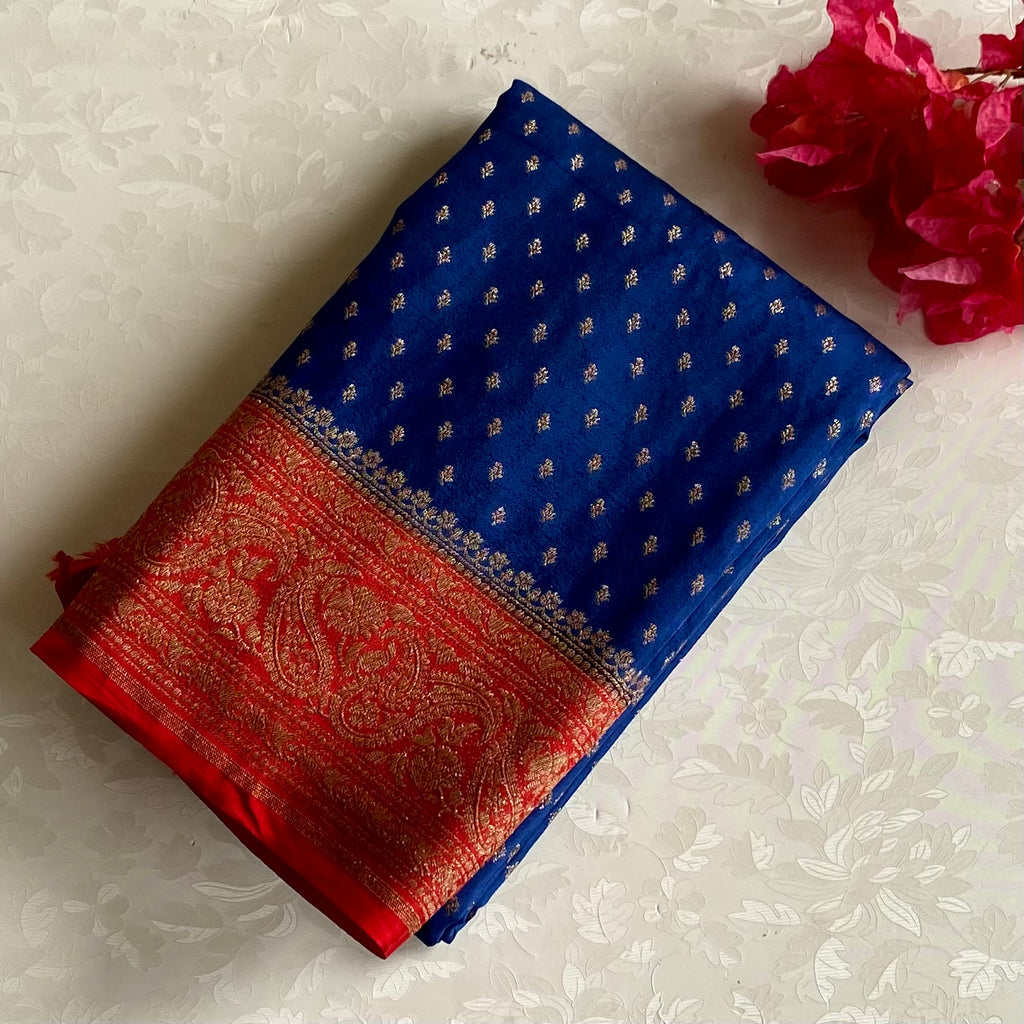Royal Denim Blue Banarasi Crepe Silk Saree With Scarlet Red  Border
