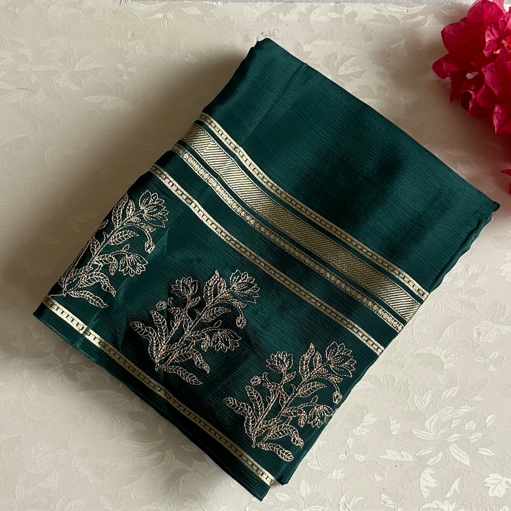 Metallic Green Green Soft Crepe Silk Saree With Metallic Gold Striped Pallu