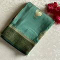 Mint Green Soft Crepe Silk Saree With Emerald Green Pallu Gold Zari