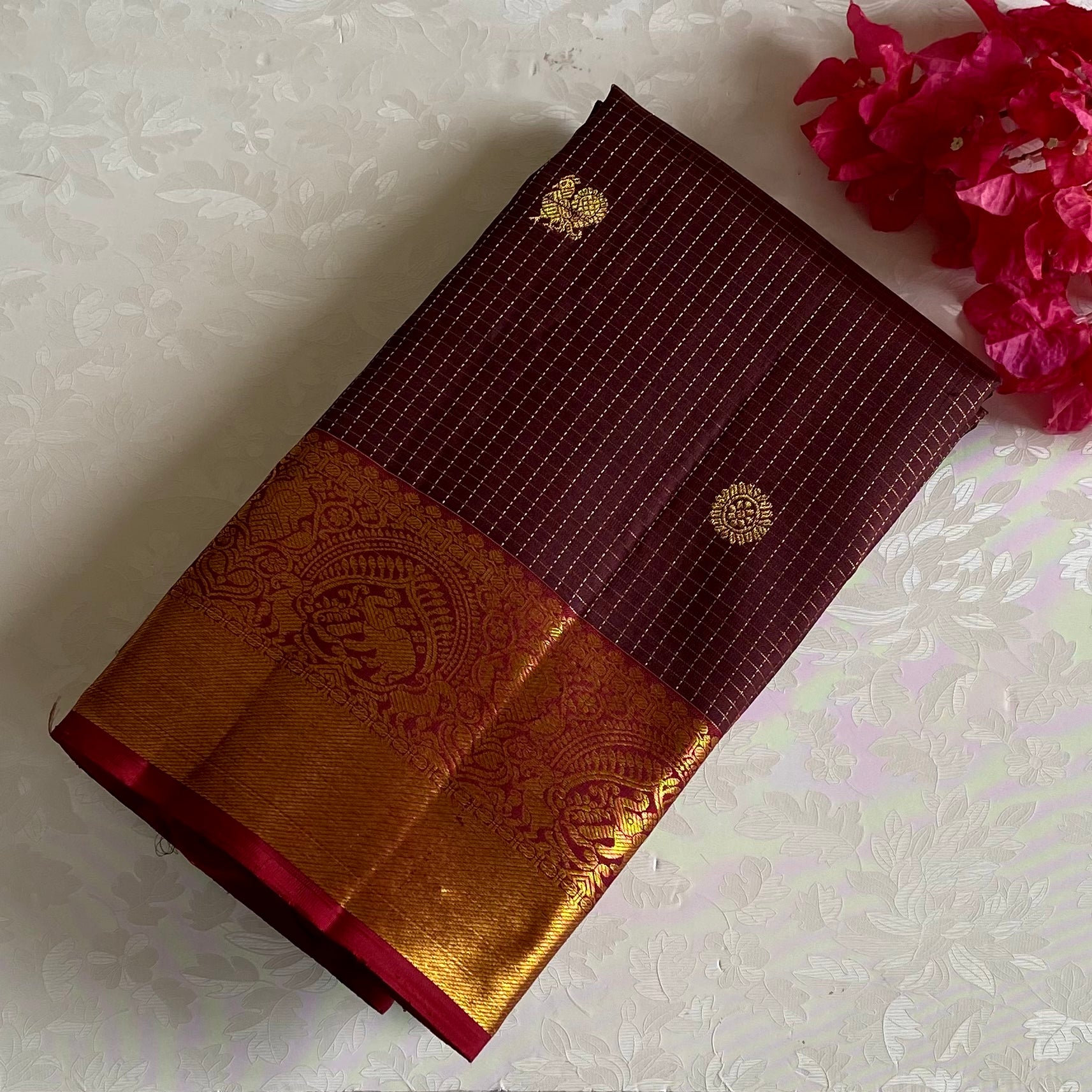 Espresso Coffee Maroon Kanjeevaram Pure Zari Silk Saree With Crimson Red Pallu