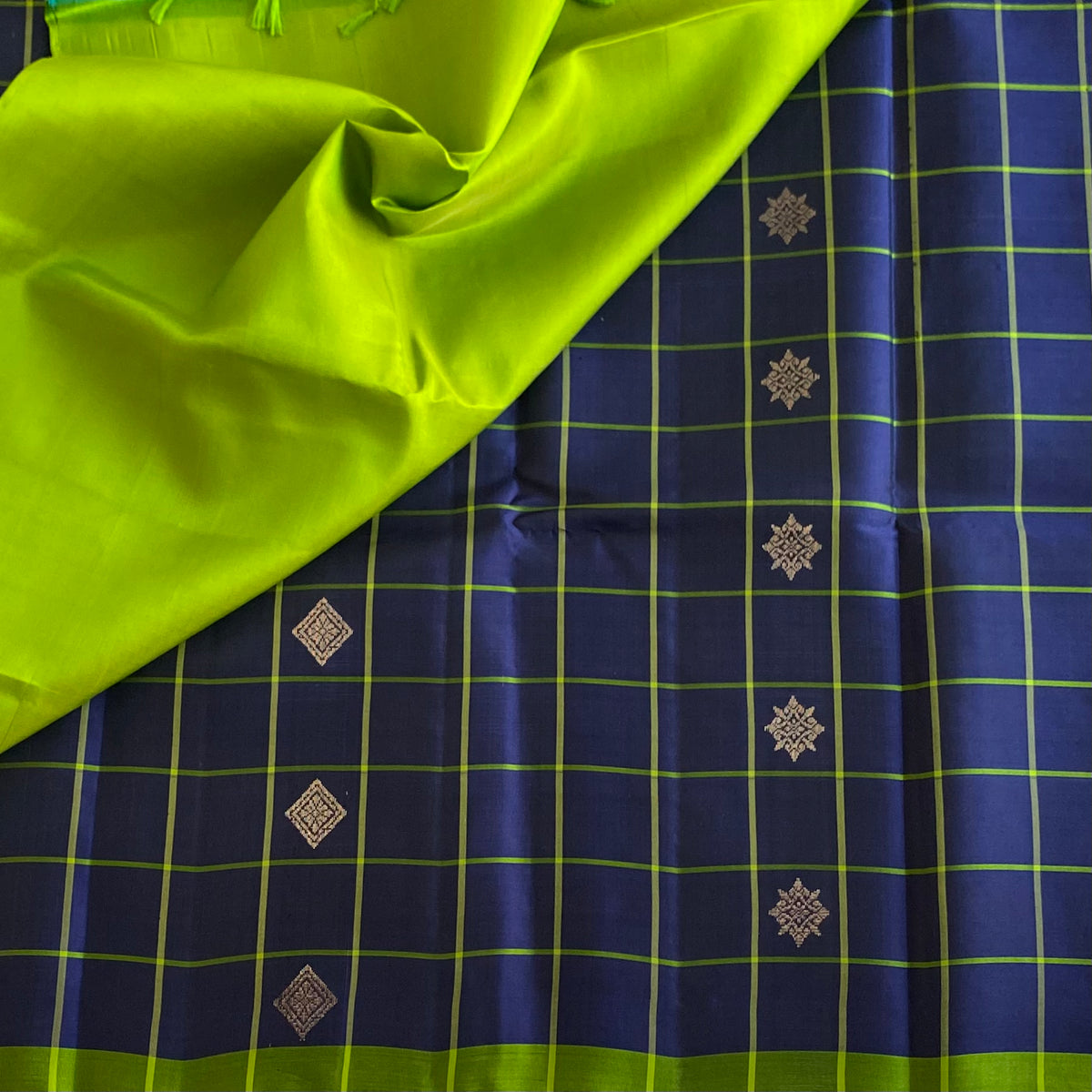 Navy Blue Lime Green Designer Pure Silk Saree With Checks And Zari