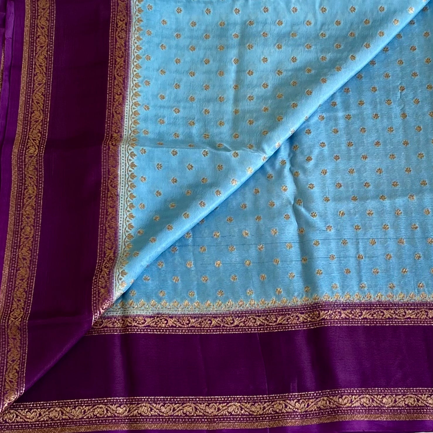 Sky Blue Banarasi Crepe Silk Saree With Royal Purple Pallu
