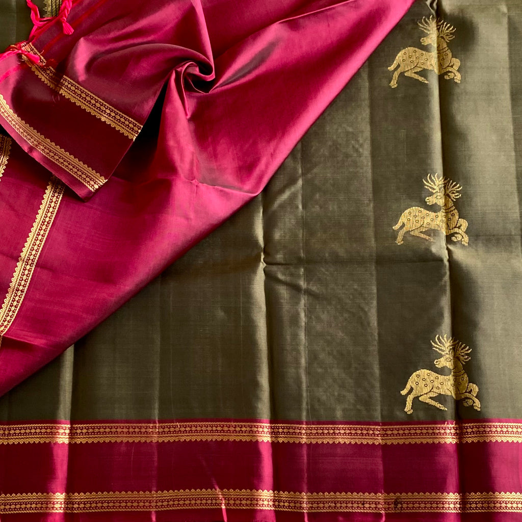 Rare Olive mix Grey Designer Pure Silk Saree With Magenta Pink Pallu