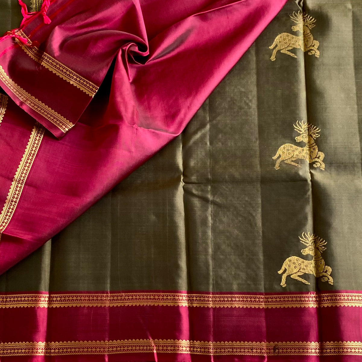 Rare Olive mix Grey Designer Pure Silk Saree With Magenta Pink Pallu