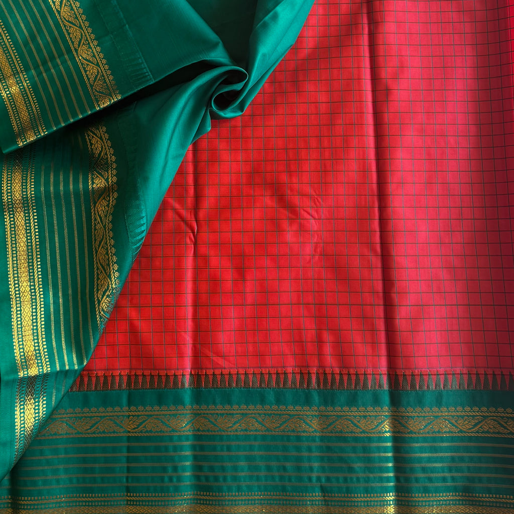 Emerald Green Silk Saree Coral Pink Checked Blouse Gold Zari