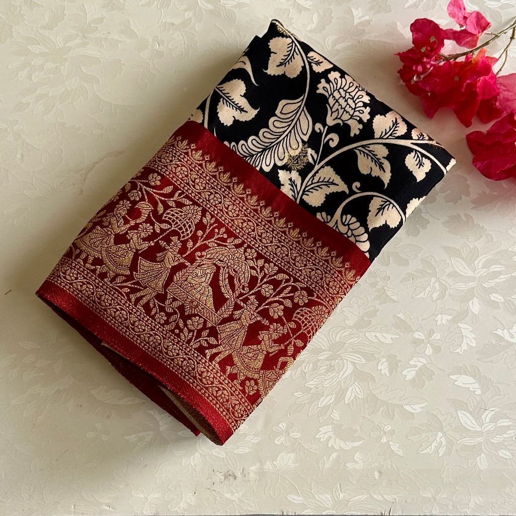 Stunning Black Kalamkari Premium Tussar Silk With Deep Reddish Maroon Pallu