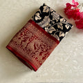 Stunning Black Kalamkari Premium Tussar Silk With Deep Reddish Maroon Pallu
