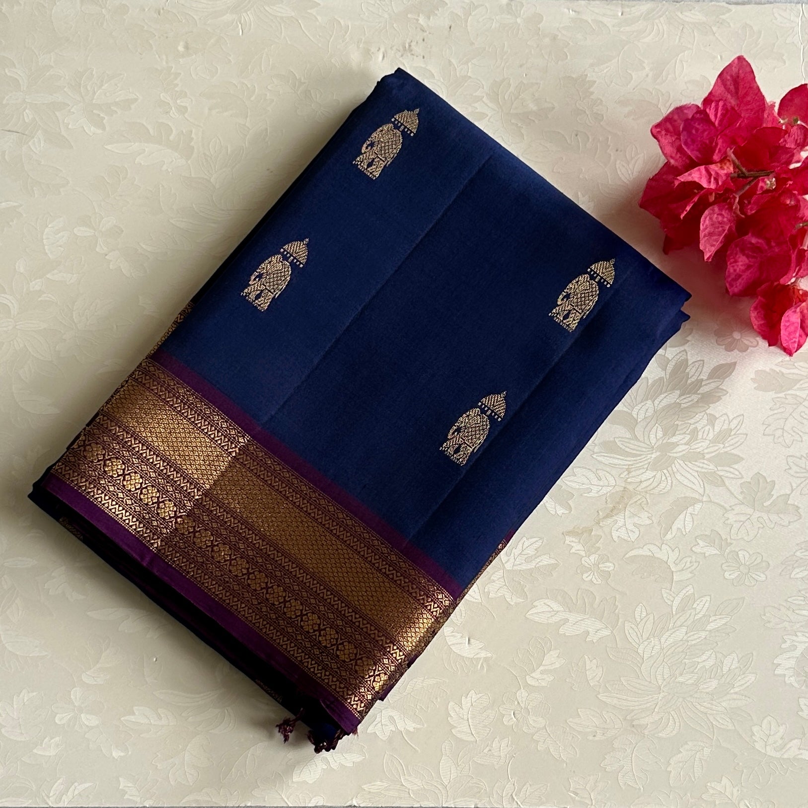 Royal Blue Magenta Silk Saree Gold Zari Elephant Diamond Pallu