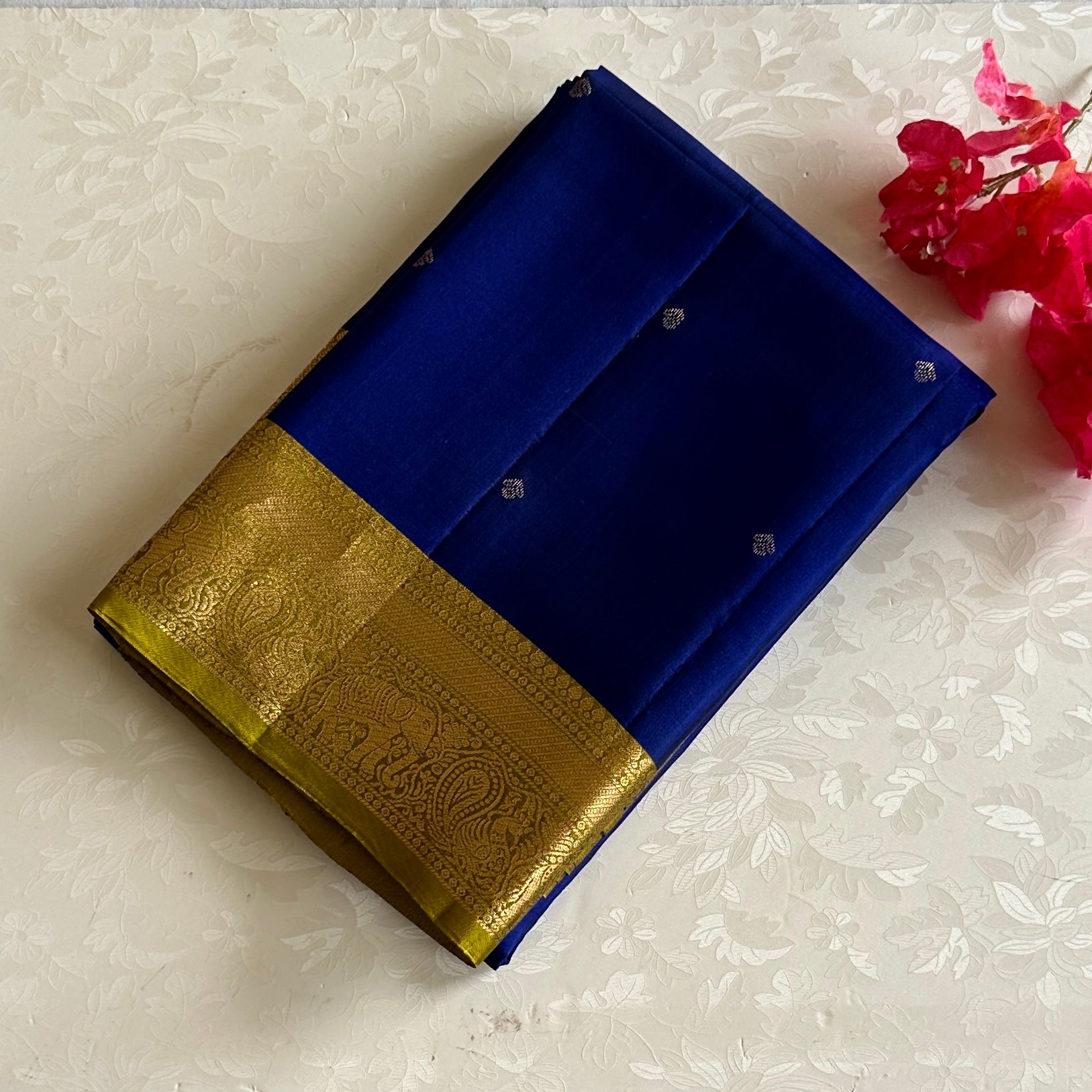Royal Blue Designer Pure Silk Saree Lime Green Zari Border Contrast Pallu