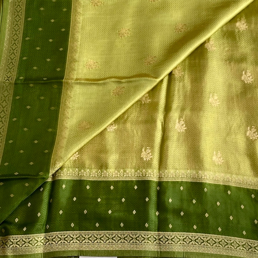 Lime Green Soft Blended Silk Saree With Olive Green Pallu