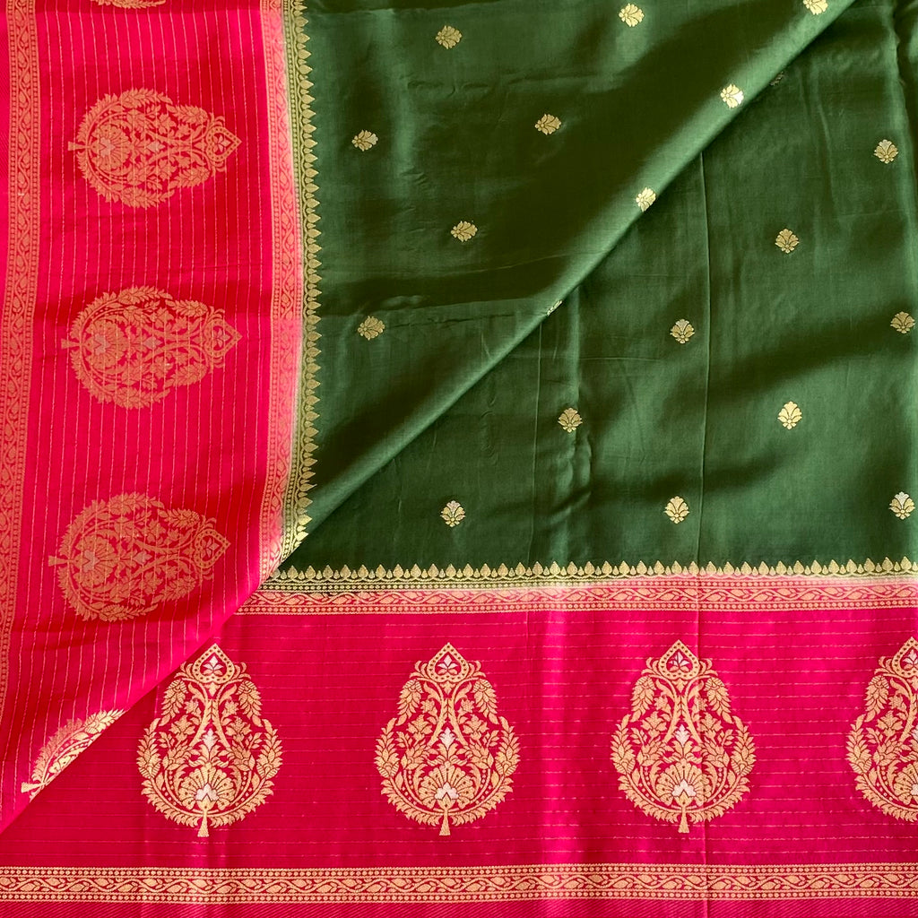 Deep Forest Green Soft Tussar Silk Saree With Rani Pink Pallu